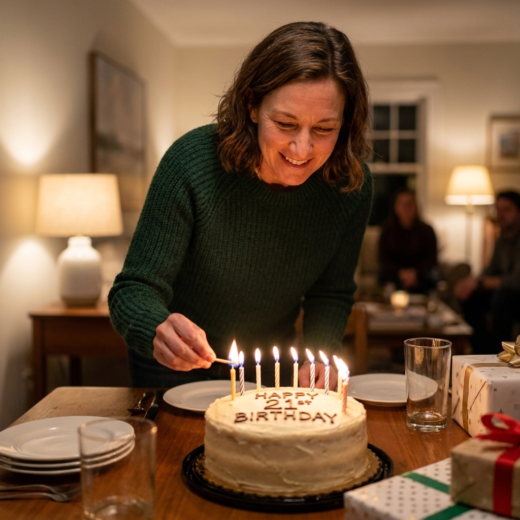 A 21st birthday cake on a table as a friend lights candles in a softly lit room