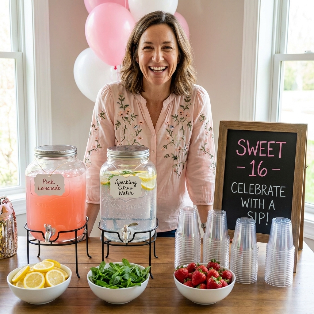 A Sweet 16 drink station with two glass dispensers of pink lemonade and sparkling citrus water, garnishes in bowls, and stacked clear cups on a styled table