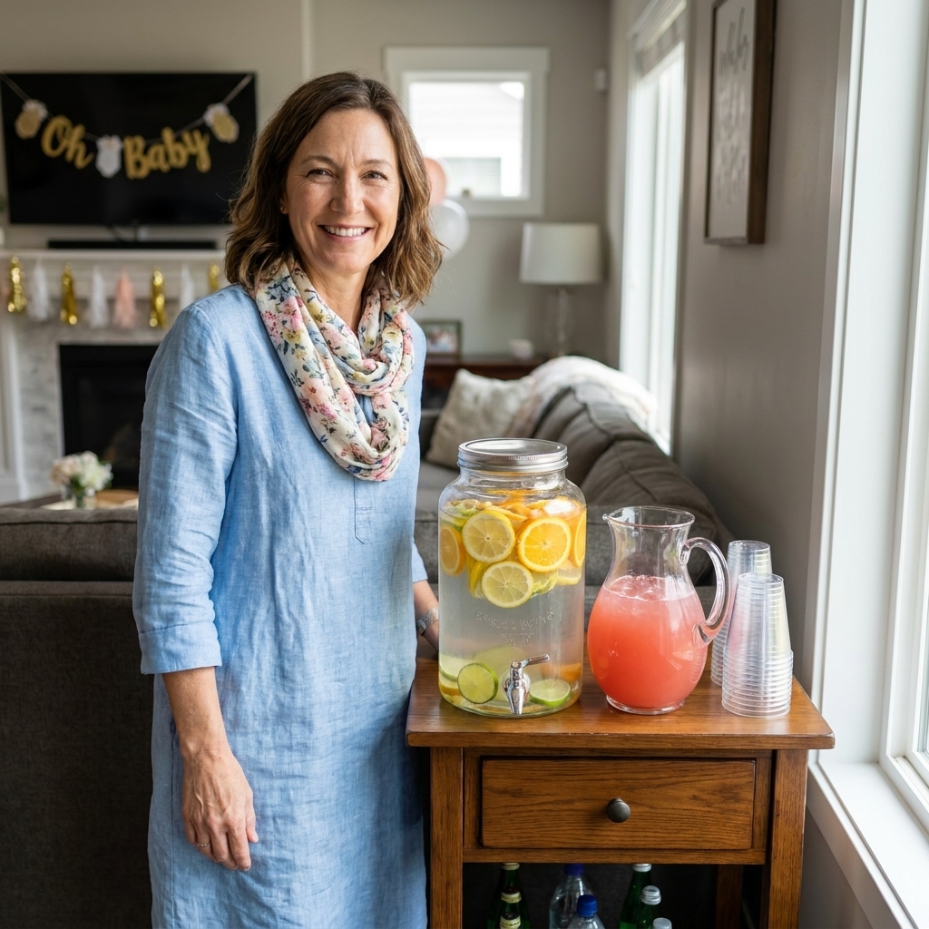 A baby shower drink station with a glass dispenser of citrus-infused water, a pitcher of pink mocktail, and neatly stacked cups on a small side table