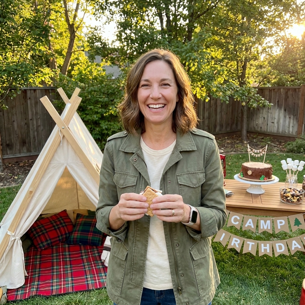 A backyard birthday setup with a small tent, plaid blankets, and a dessert table with camp-themed treats