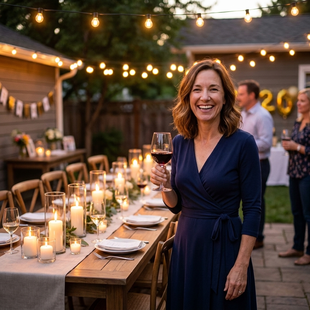 A backyard set for an evening 50th birthday party with string lights overhead, long tables, and candlelight creating a warm glow