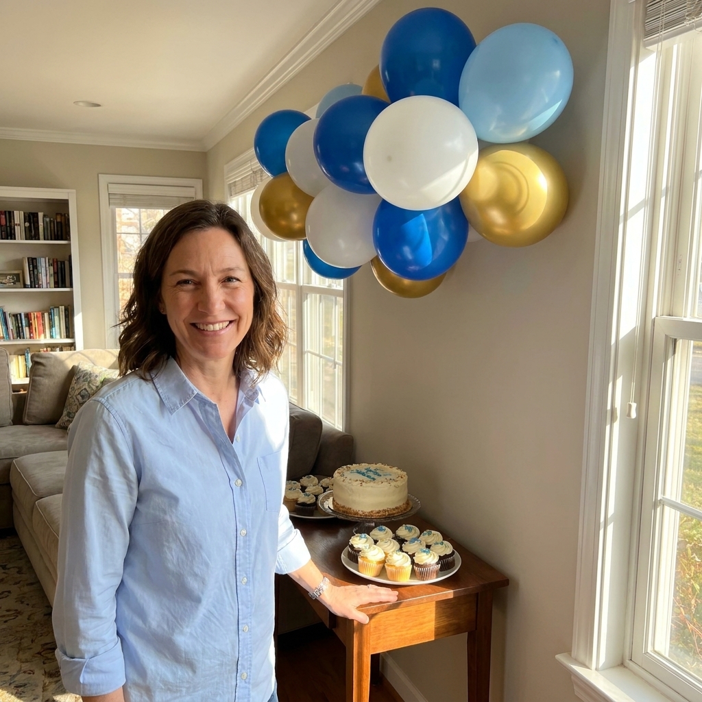 A balloon cluster arranged on a living room wall above a small dessert table with natural light