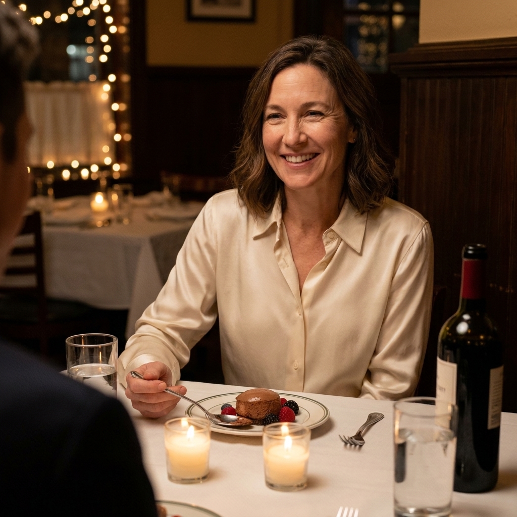 A beautifully set restaurant table for two with candlelight and a dessert plate, photographed during a cozy evening out