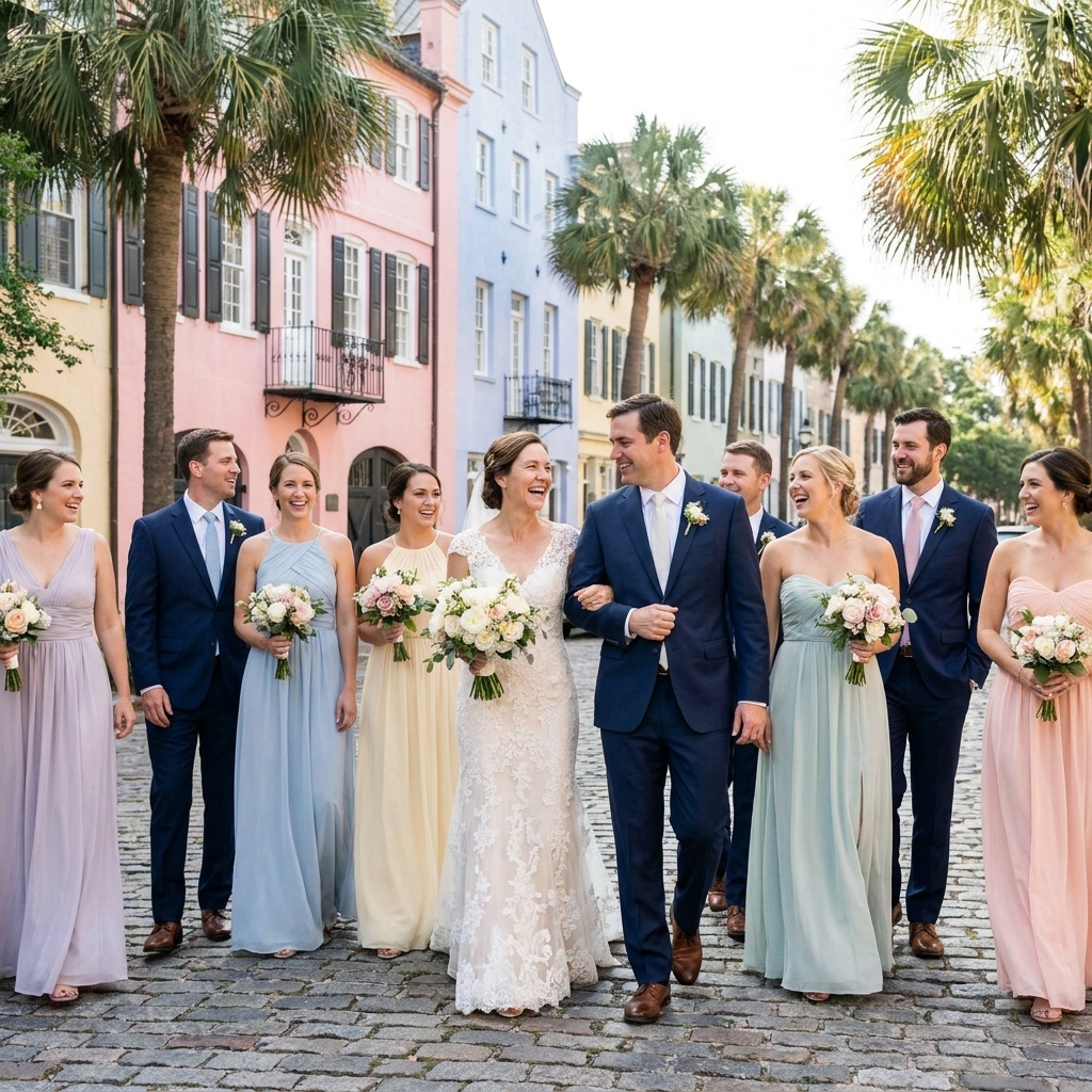 A bridal party walking together on a charming historic street with pastel buildings and palm trees in the background