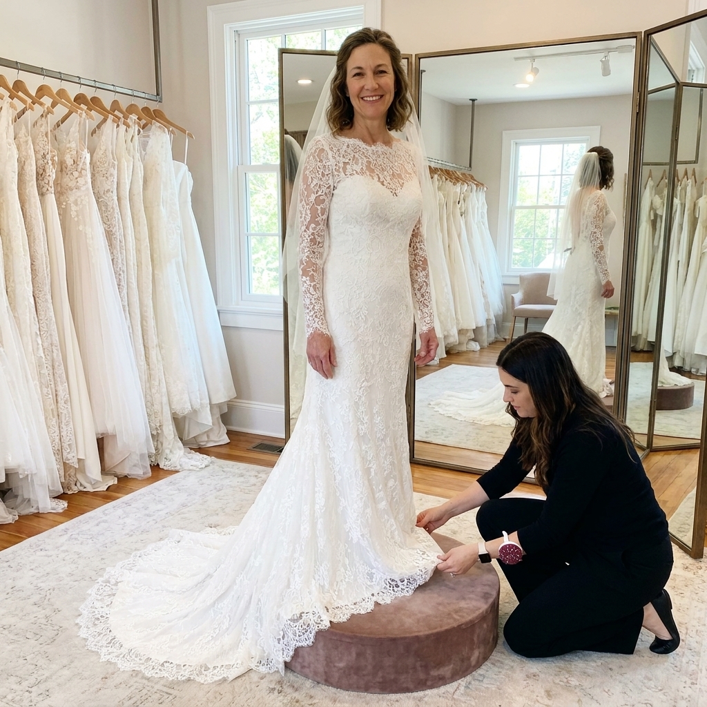 A bride standing on a fitting pedestal in a bridal boutique while a stylist adjusts a wedding gown