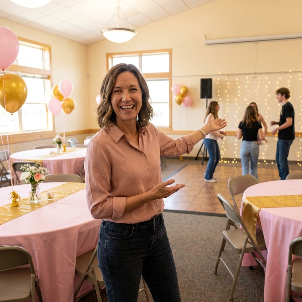 A bright community center party room set with round tables, simple pink and gold decor, and a small dance area for a teen birthday party