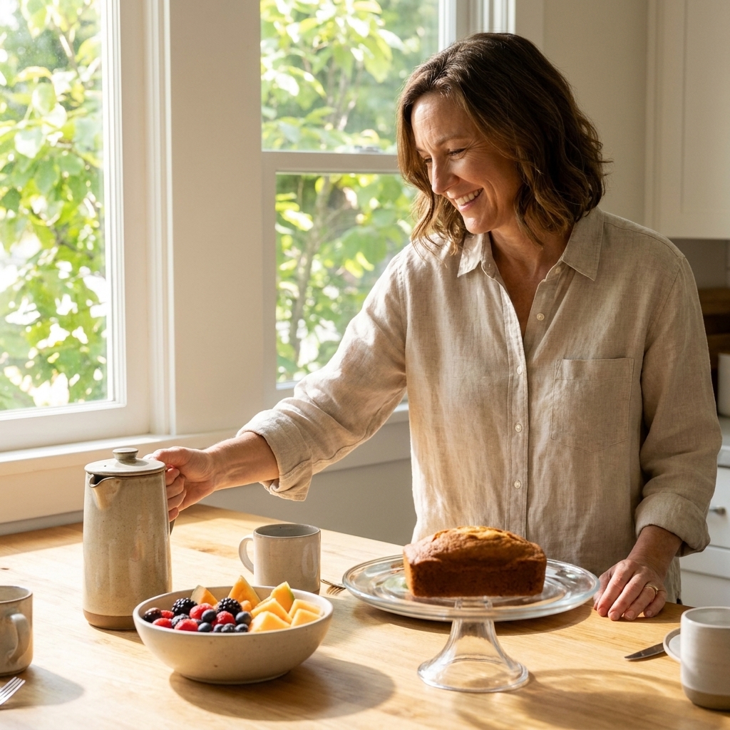 A bright kitchen-table set for brunch with coffee, a bowl of fruit, and a simple cake stand, sunlight streaming through a window
