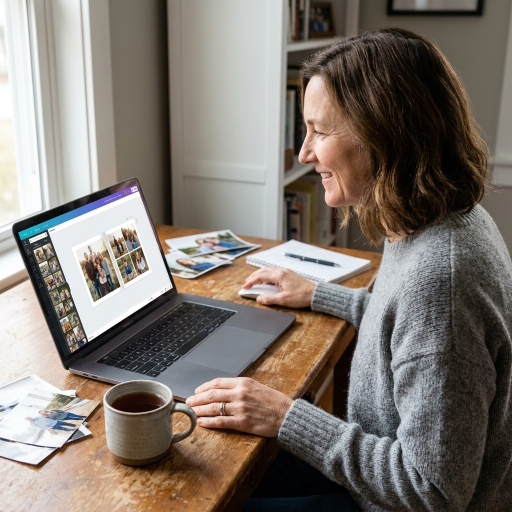 A candid photograph of a person sitting at a wooden desk using a laptop to arrange family photos on a photo book design screen, with a mug of tea nearby