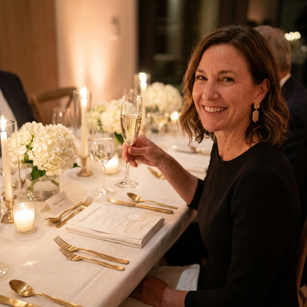 A candlelit table with gold accents, champagne flutes, and simple white floral centerpieces set for an elegant 50th birthday dinner