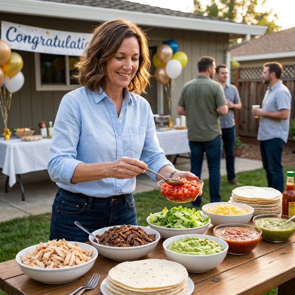 A casual taco bar set on a table with tortillas, bowls of toppings, and serving spoons ready for guests at a graduation party