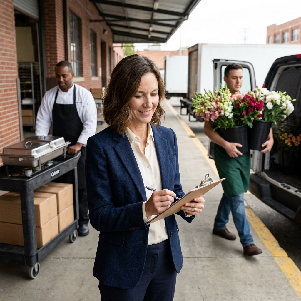 A caterer and florist unloading supplies at a venue loading dock while a coordinator checks a schedule clipboard