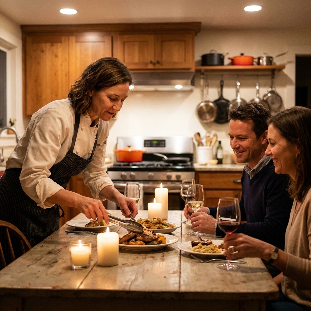 A chef plating a candlelit dinner on a dining table in a home kitchen while two guests sit nearby with wine glasses