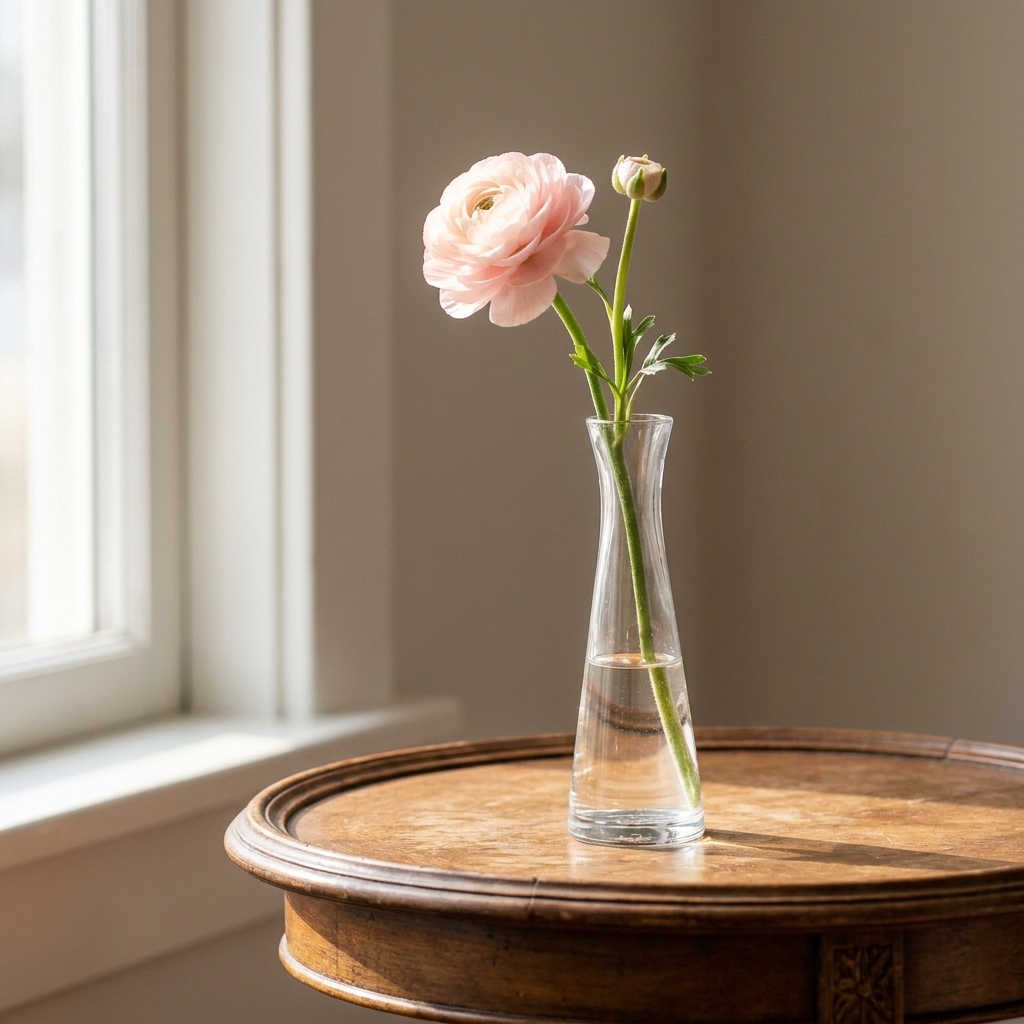 A clear glass bud vase holding a single stem flower on a sunlit side table