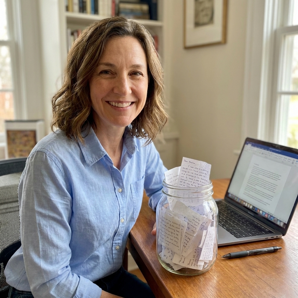 A clear glass jar on a desk filled with folded handwritten notes beside a pen and a laptop