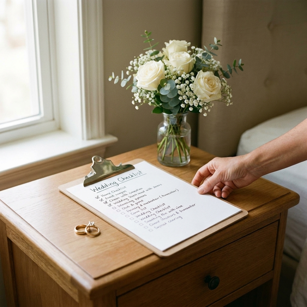 A clipboard with a wedding checklist next to rings and a small bouquet on a bedside table