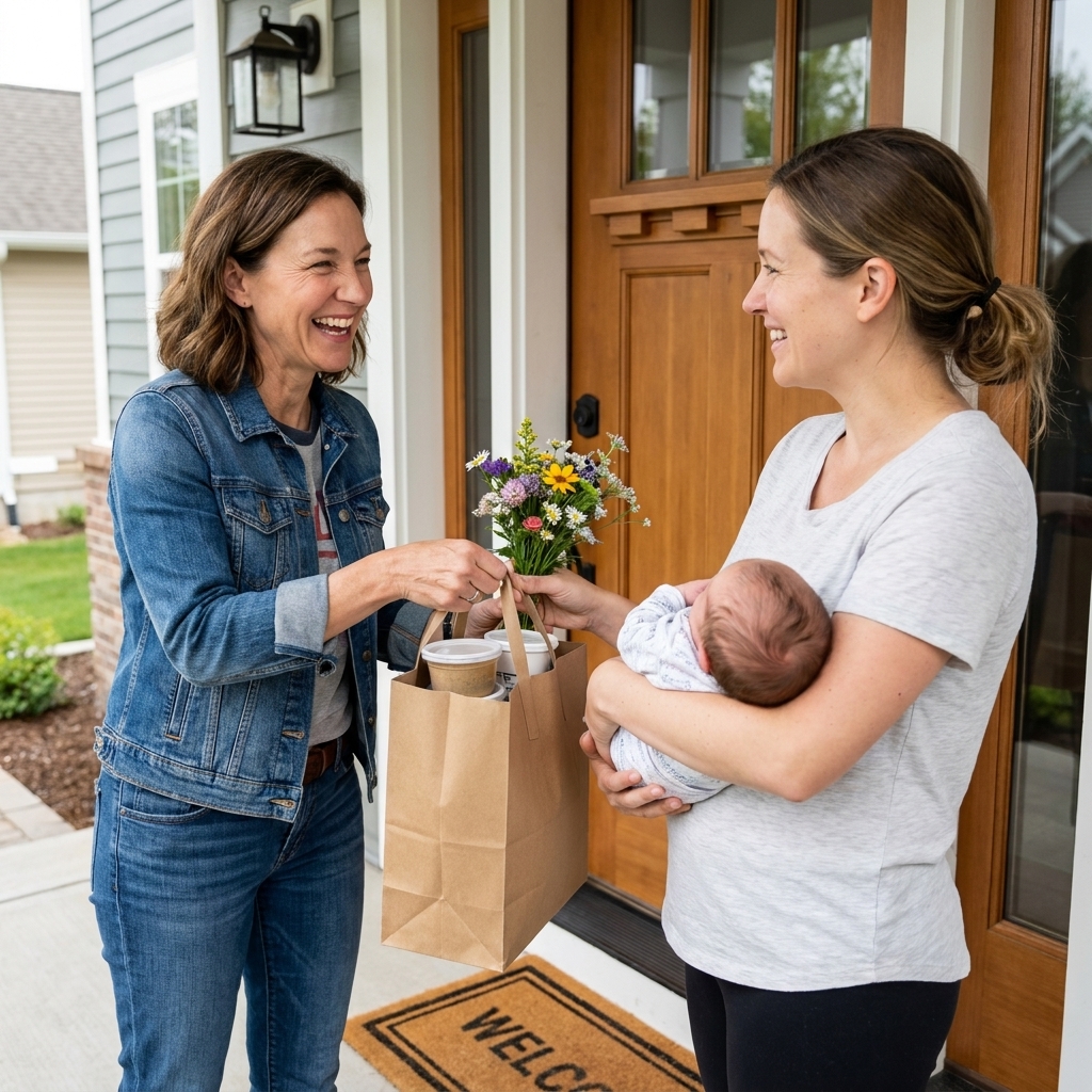 A close friend standing at a front door handing a new mother a small bag of food and flowers, casual candid moment