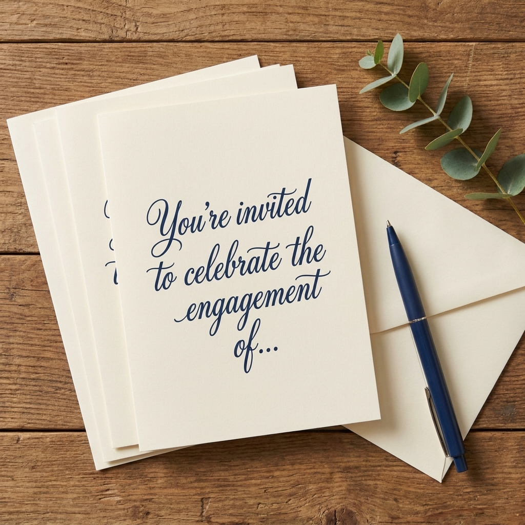A close-up flatlay of engagement party invitations on a wooden table with a pen, envelope, and small sprig of greenery