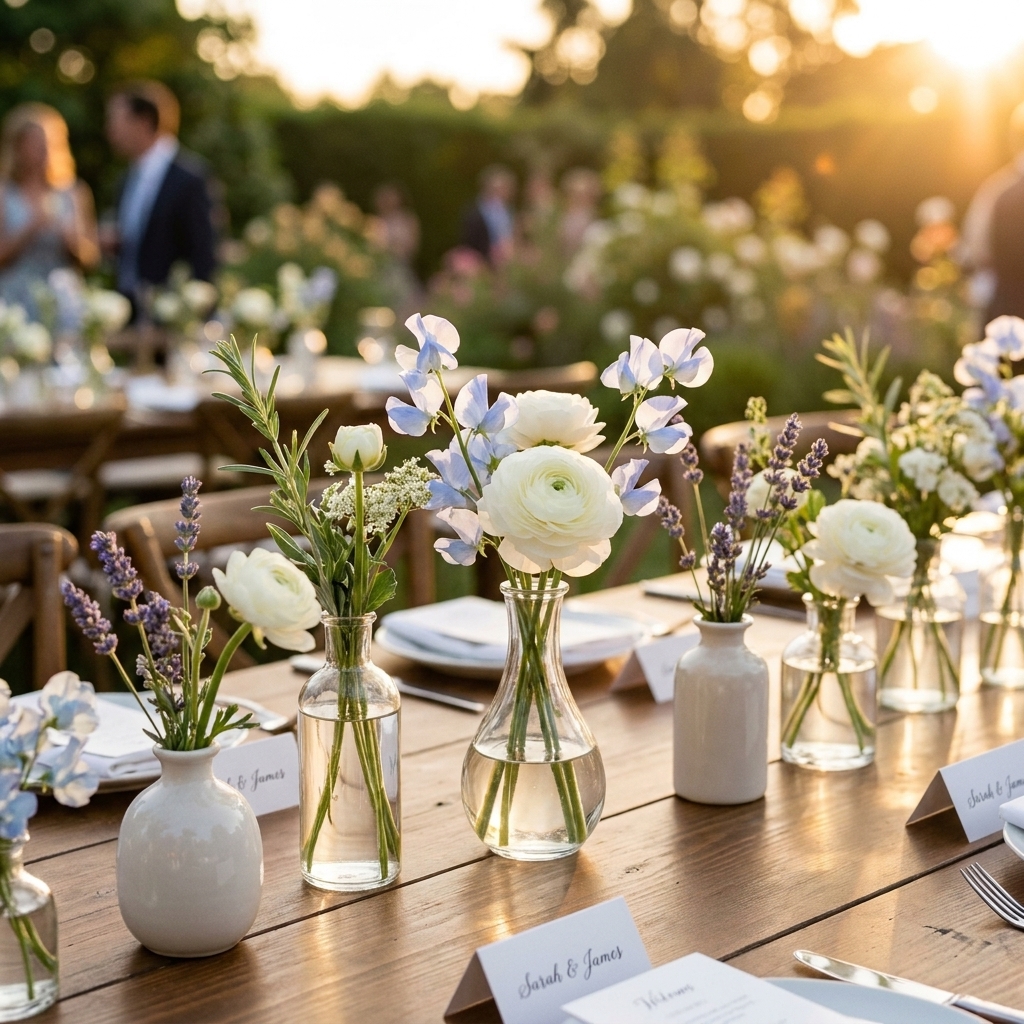 A close-up of wedding reception centerpieces made of assorted bud vases with simple seasonal flowers on a long table outdoors