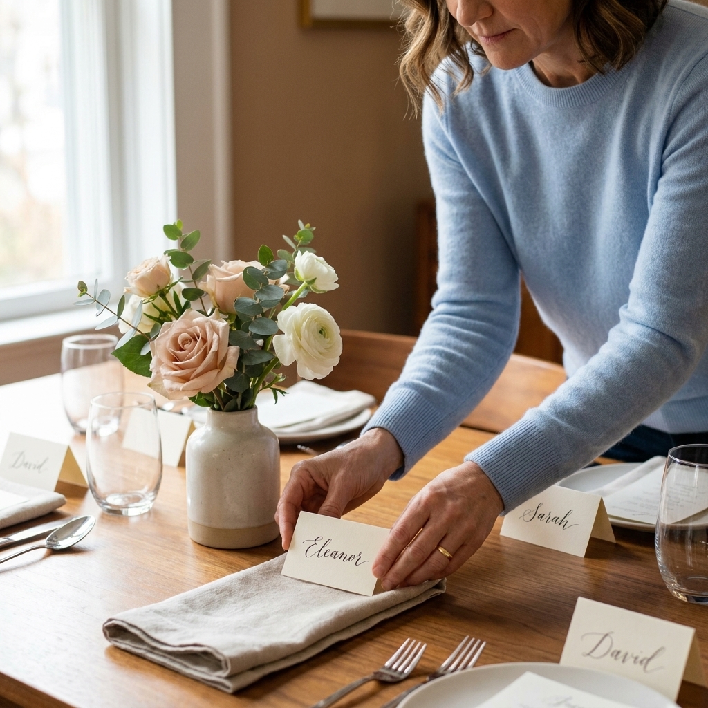 A close view of handwritten place cards and a simple floral centerpiece on a dining table set for an intimate celebration.