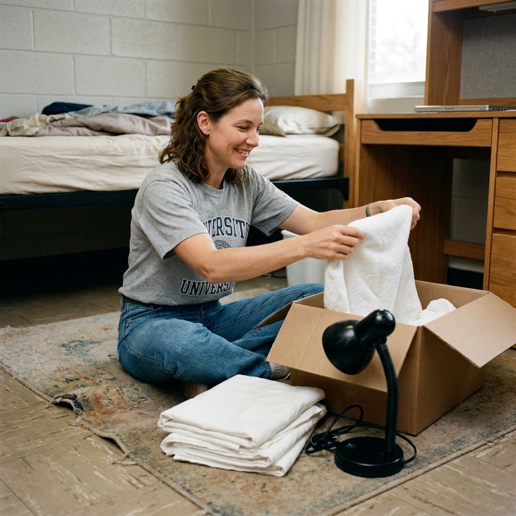 A college freshman sitting on the floor of a dorm room unpacking a box of dorm essentials like towels, sheets, and a small desk lamp