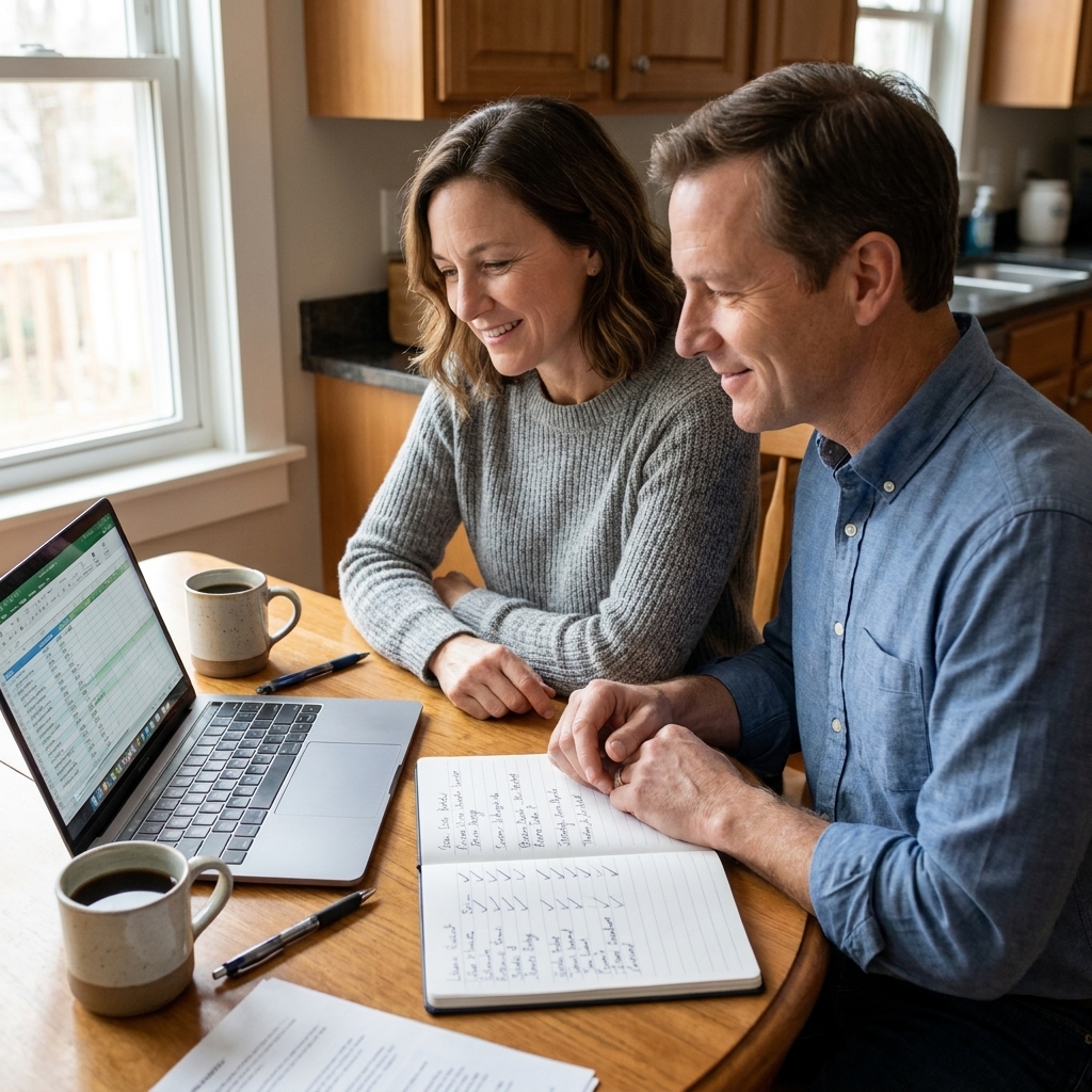 A couple at a kitchen table with a notebook and laptop open, calmly reviewing a wedding guest list with coffee mugs nearby