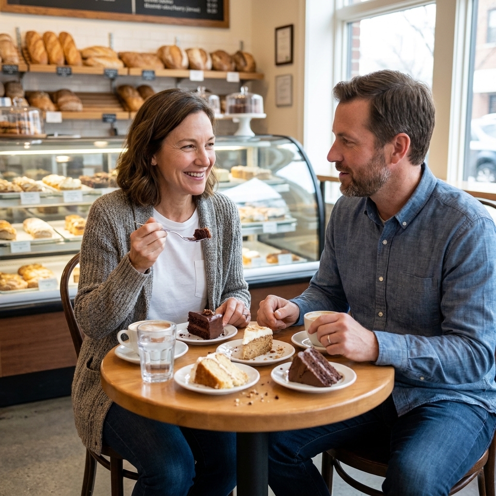 A couple seated at a small table in a bakery sampling slices of cake on white plates