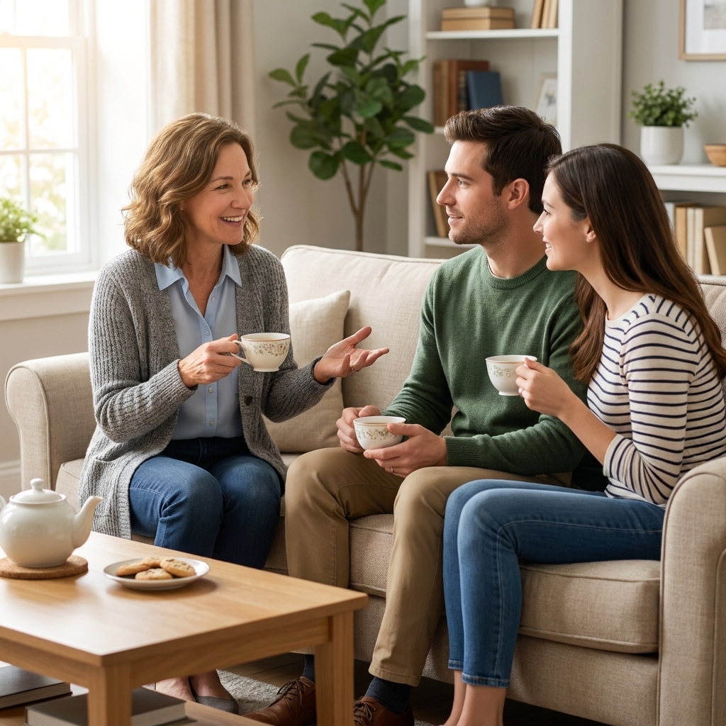 A couple seated on a sofa talking with an older family member in a tidy living room, everyone holding tea cups and listening attentively