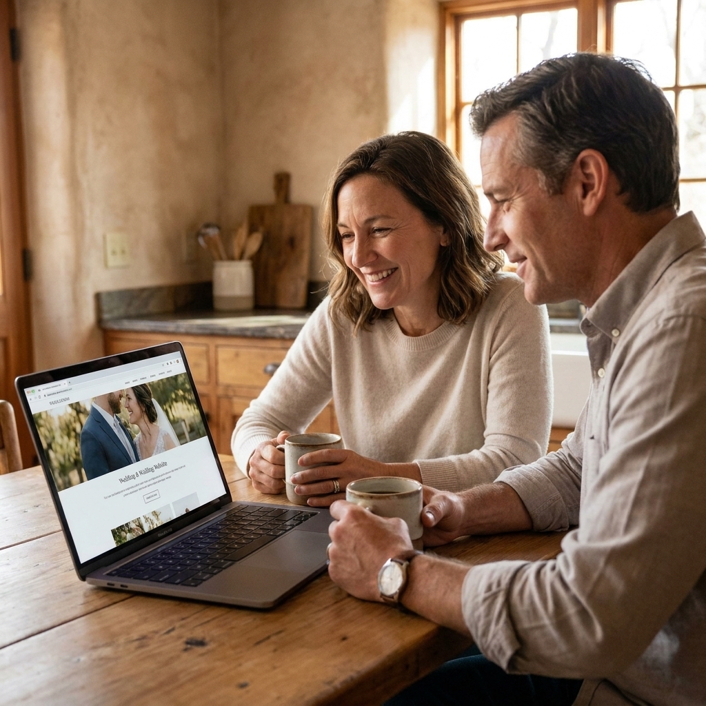 A couple sitting at a kitchen table with a laptop open, reviewing their wedding website together with coffee mugs nearby