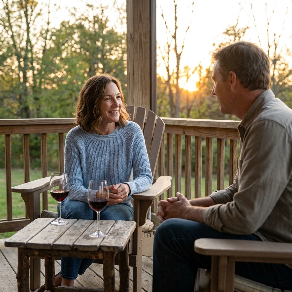 A couple sitting on a porch in the early evening with two glasses of wine on a small table, looking relaxed and talking