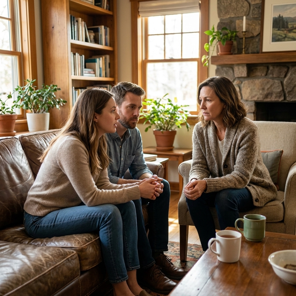 A couple sitting with a parent in a cozy living room, having a calm, serious conversation