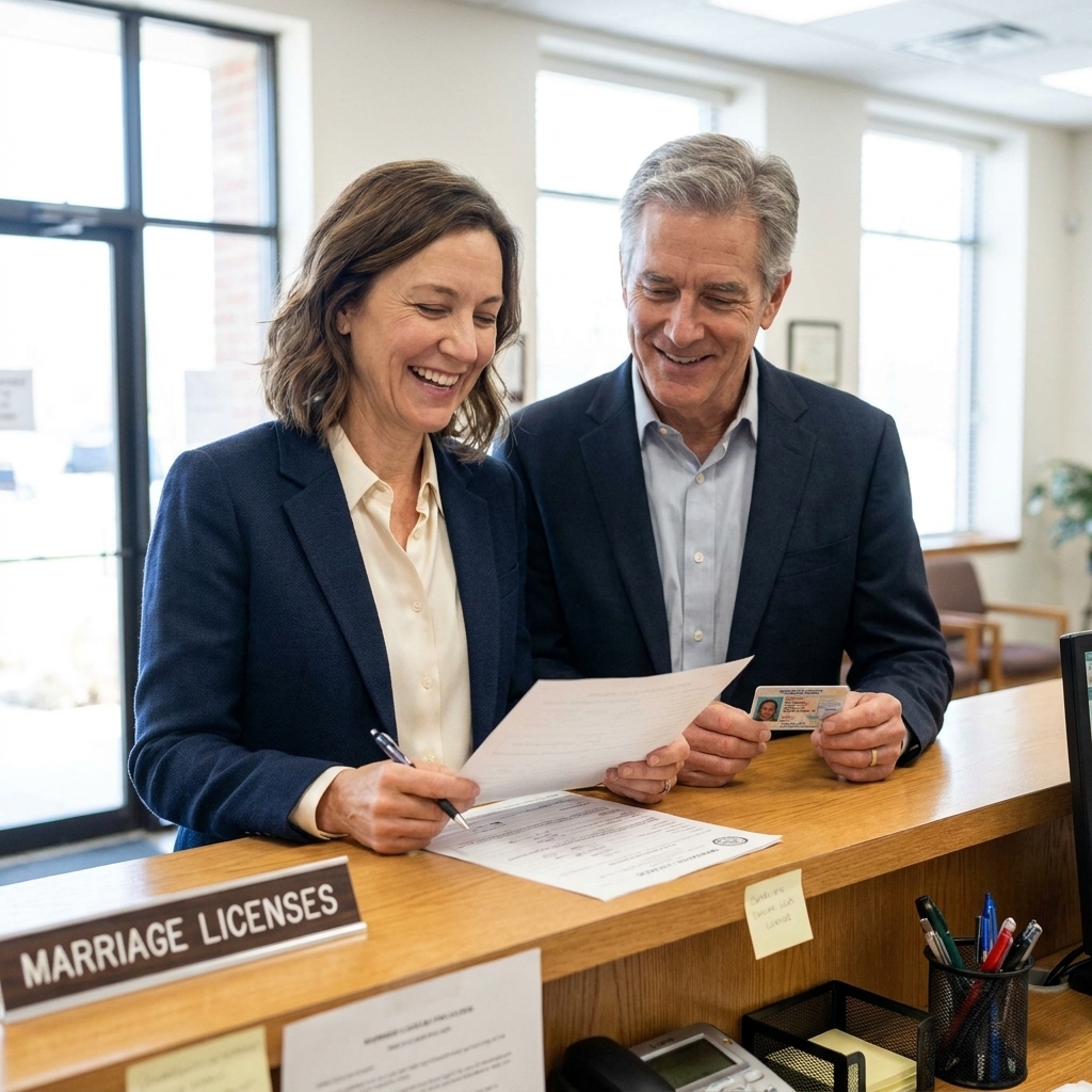 A couple standing at a county clerk counter with identification documents, completing marriage license paperwork in a bright government office