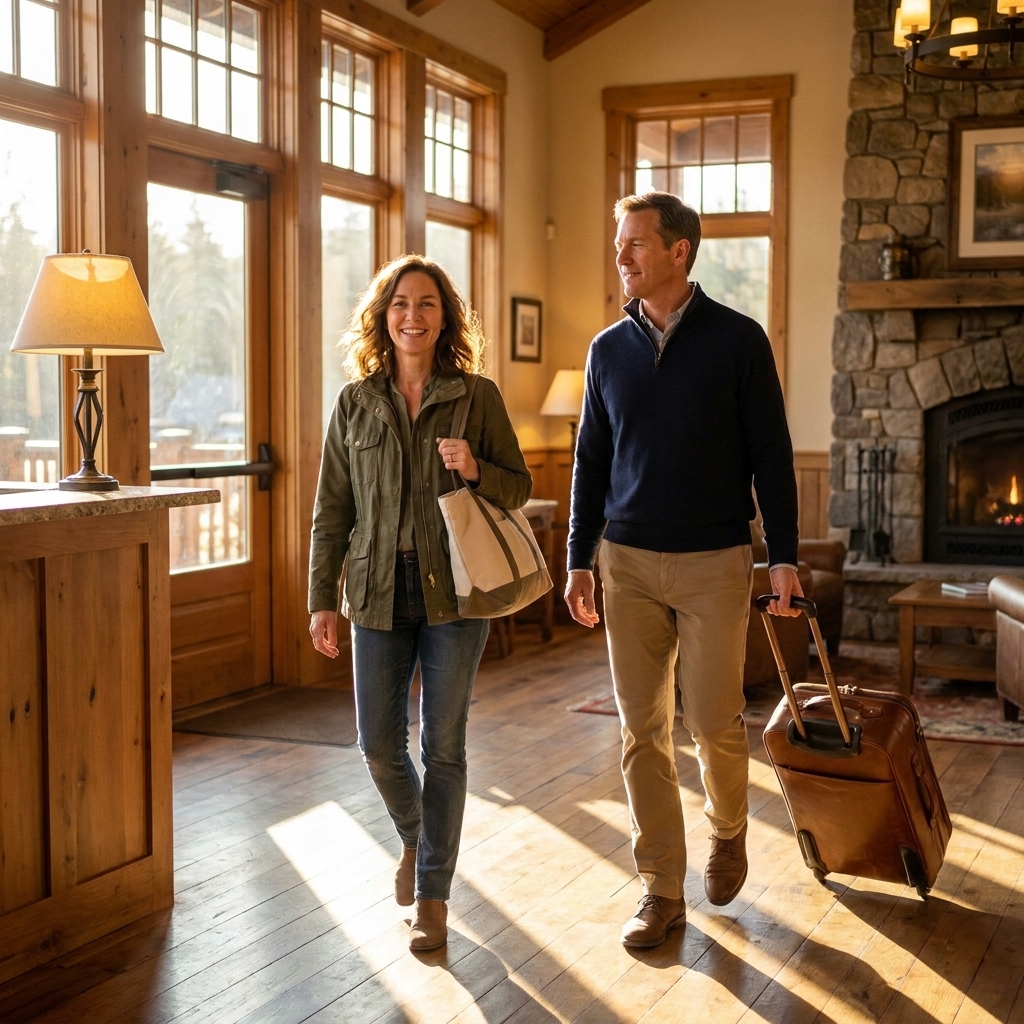 A couple walking into a small inn lobby carrying a suitcase and a tote bag, sunlight streaming through the front windows