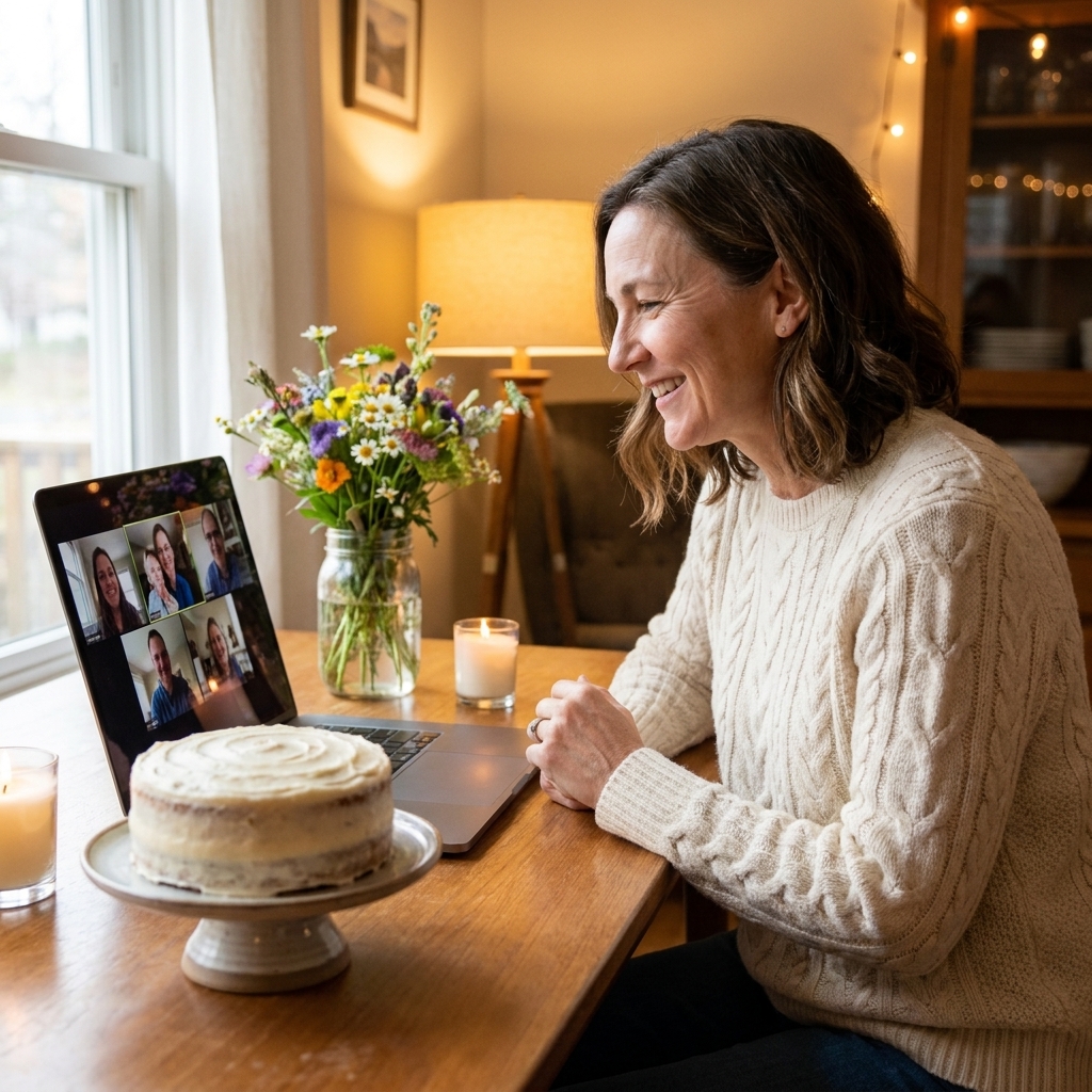 A cozy birthday setup at home with a laptop open for a video call, a small frosted cake on a stand, and fresh flowers on the table