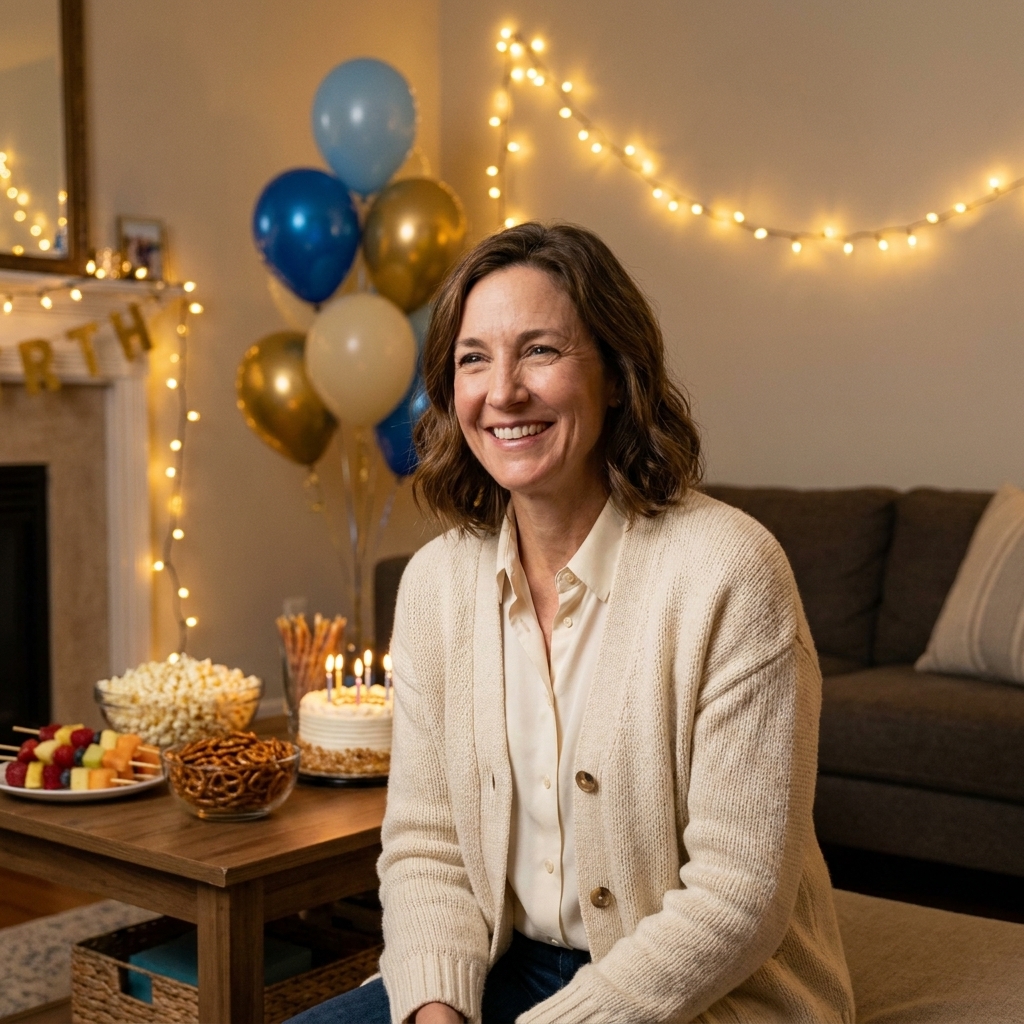 A cozy living room set for a birthday party with string lights, a snack table, and balloons in the background