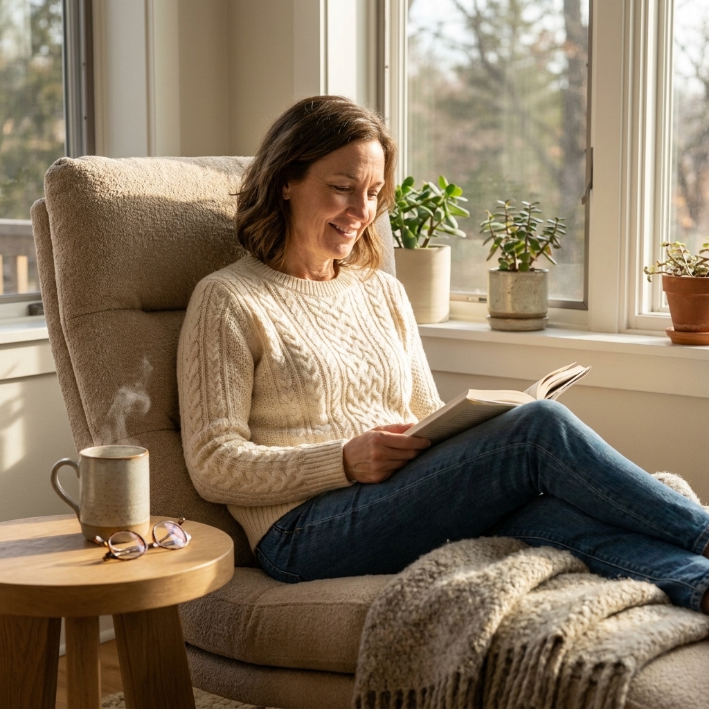 A cozy reading chair beside a window with soft afternoon light, a throw blanket, and a mug on a small side table