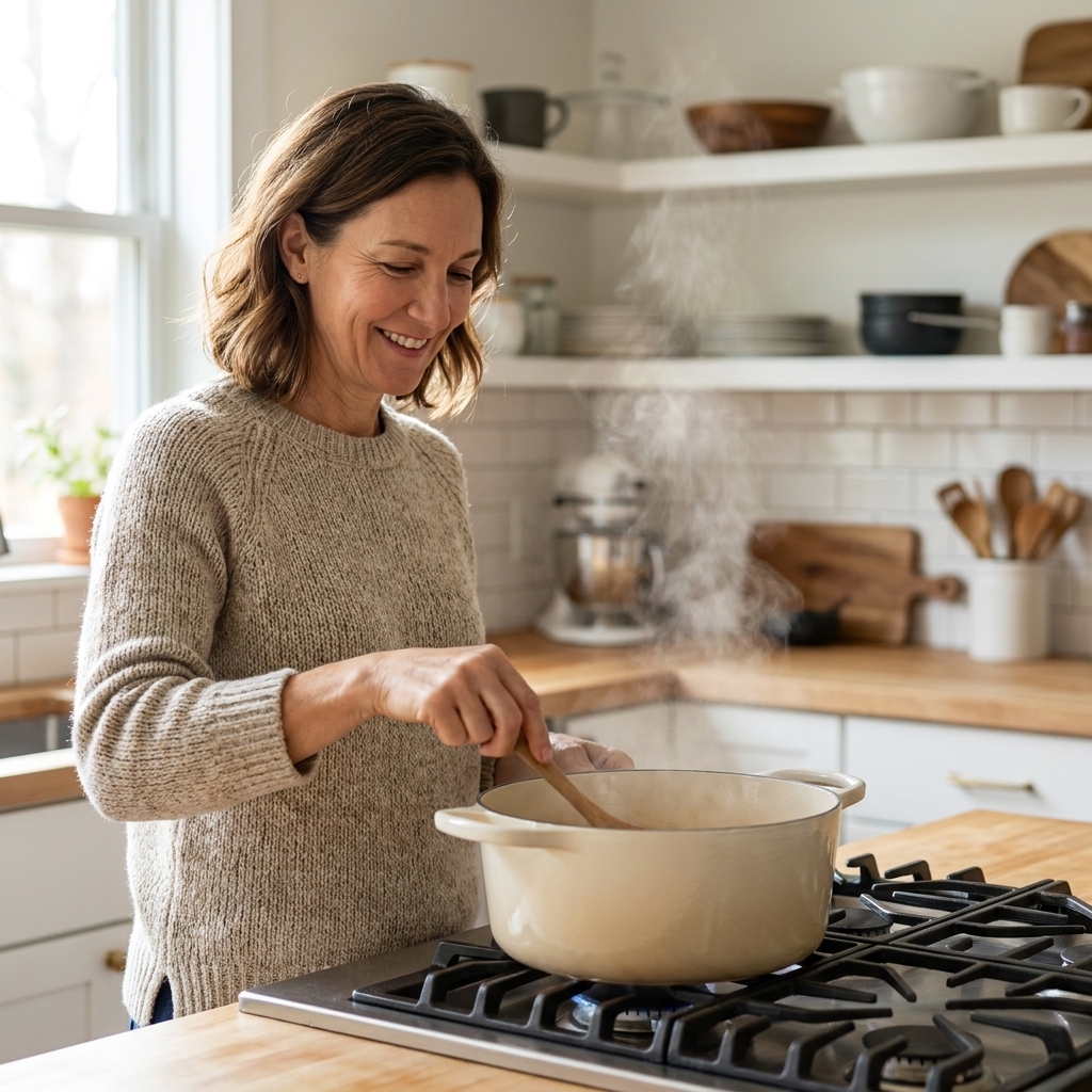 A cream-colored enameled Dutch oven simmering on a stovetop with steam rising in a bright home kitchen.