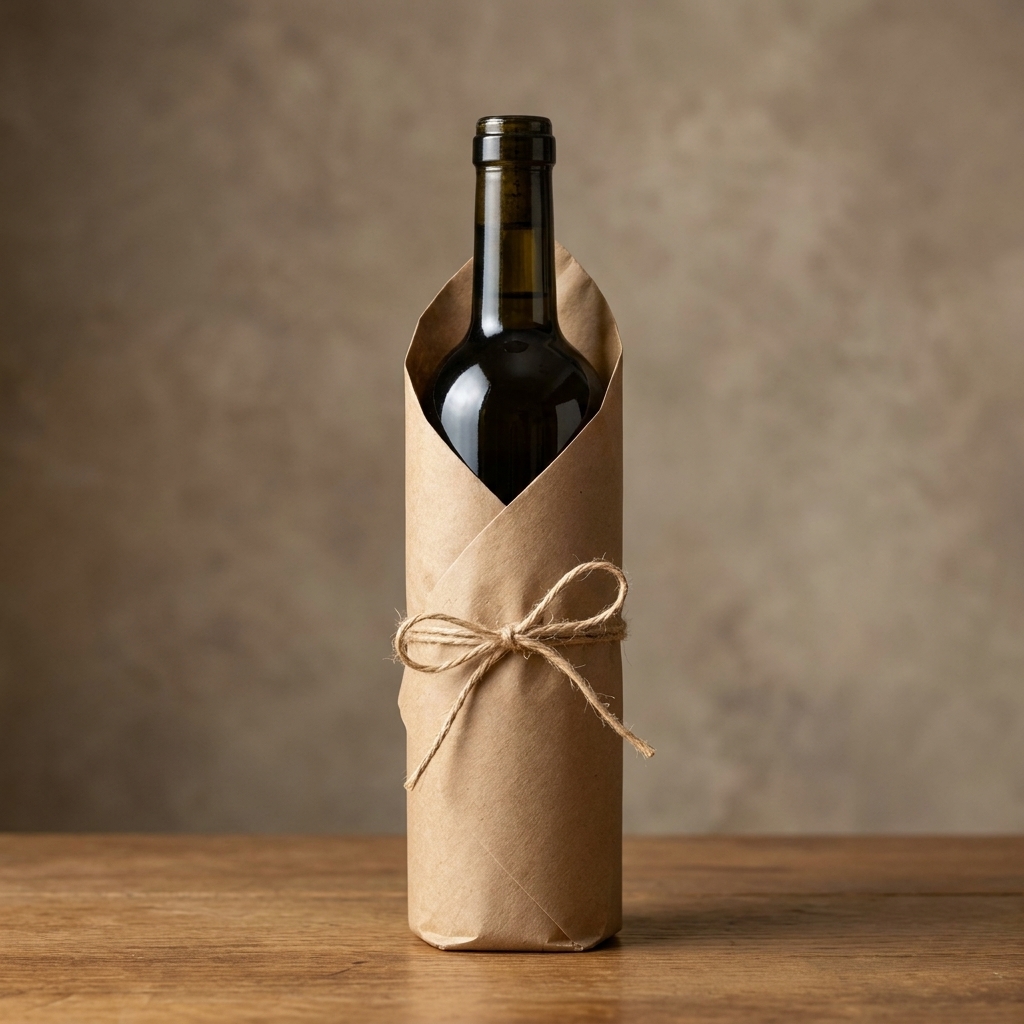 A dark glass bottle of extra virgin olive oil wrapped in kraft paper with a simple ribbon