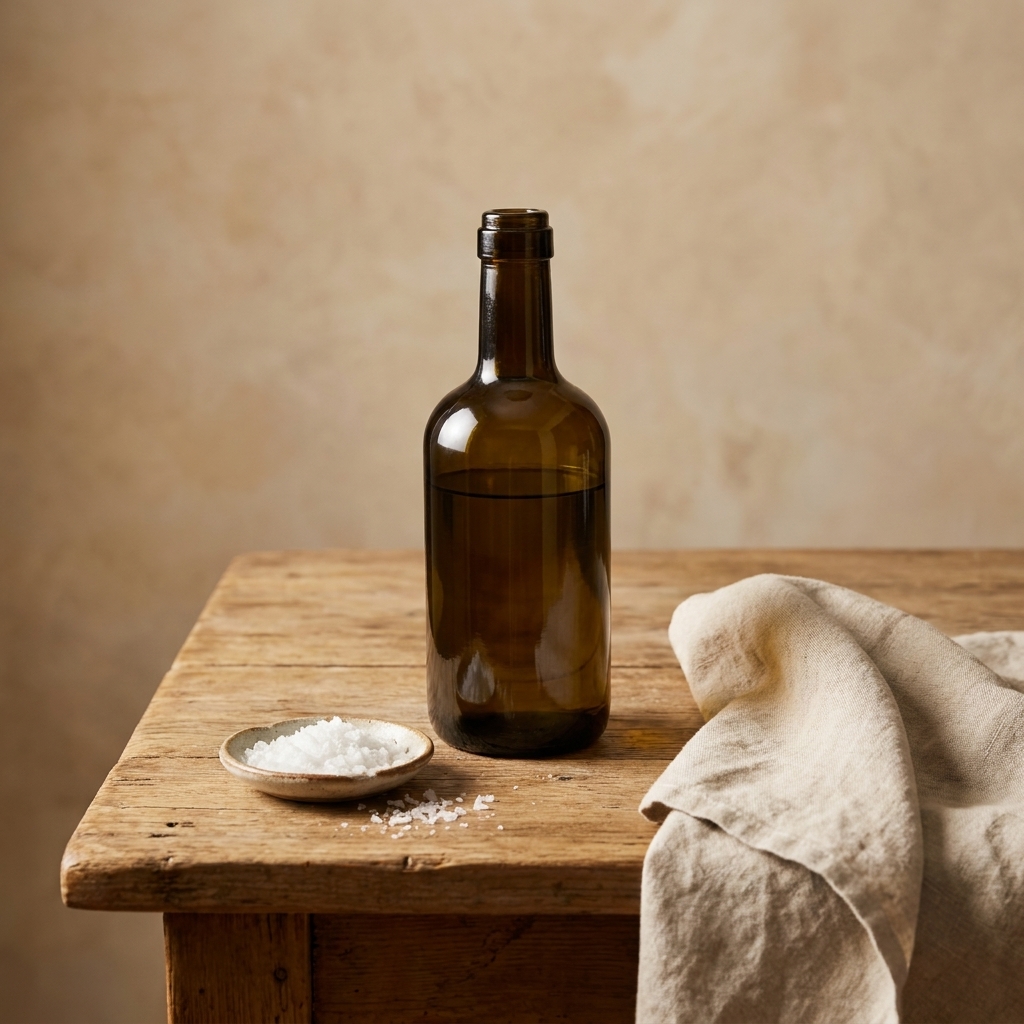 A dark glass bottle of olive oil on a wooden table beside a small dish of flaky salt and a folded linen napkin