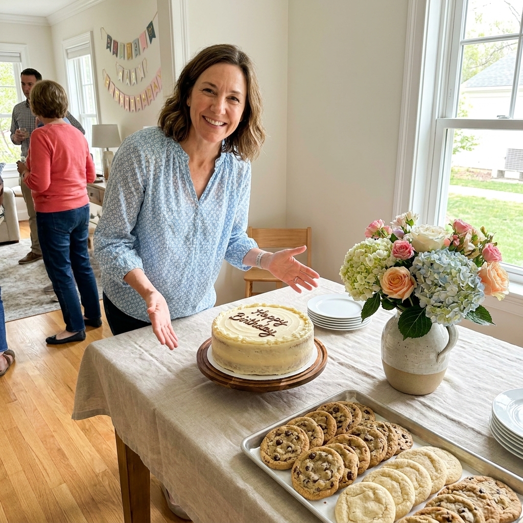 A dessert table at a home birthday party with a cake, trays of cookies, and fresh flowers arranged neatly on a linen-covered table