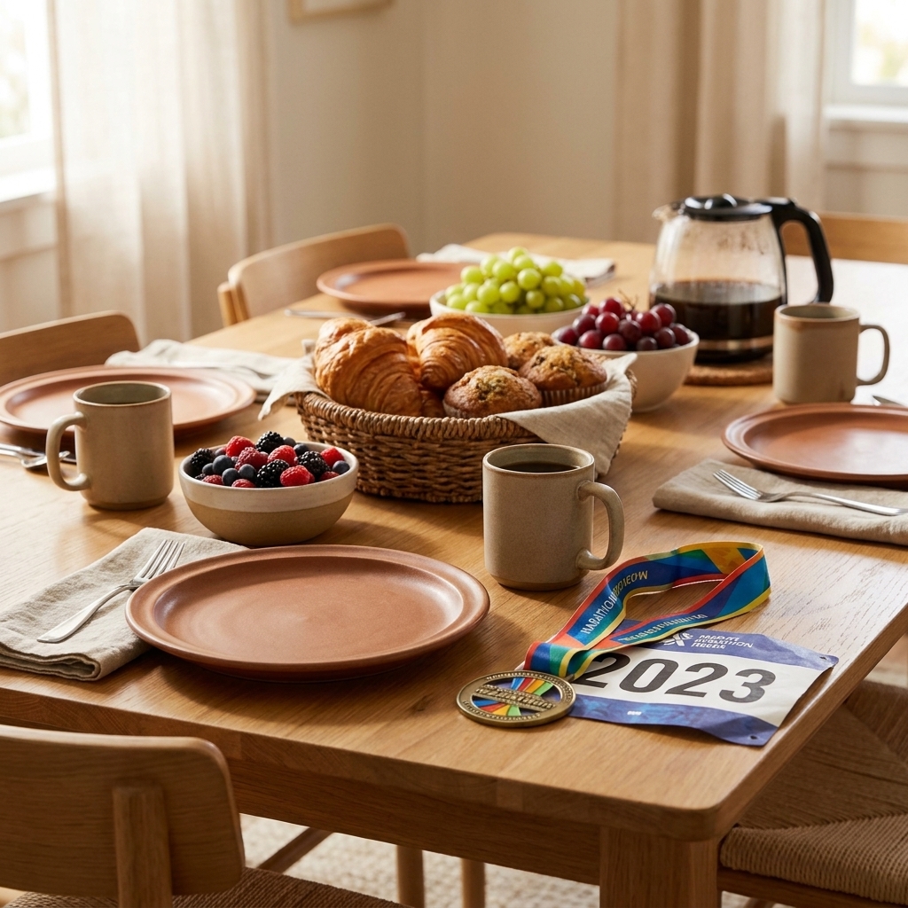 A dining table set for a casual brunch with plates, pastries, fruit, and a marathon medal resting beside a folded race bib