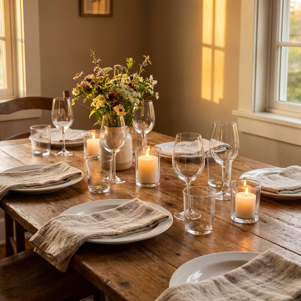 A dining table set for a casual dinner with white plates, linen napkins, and simple glassware in warm evening light.