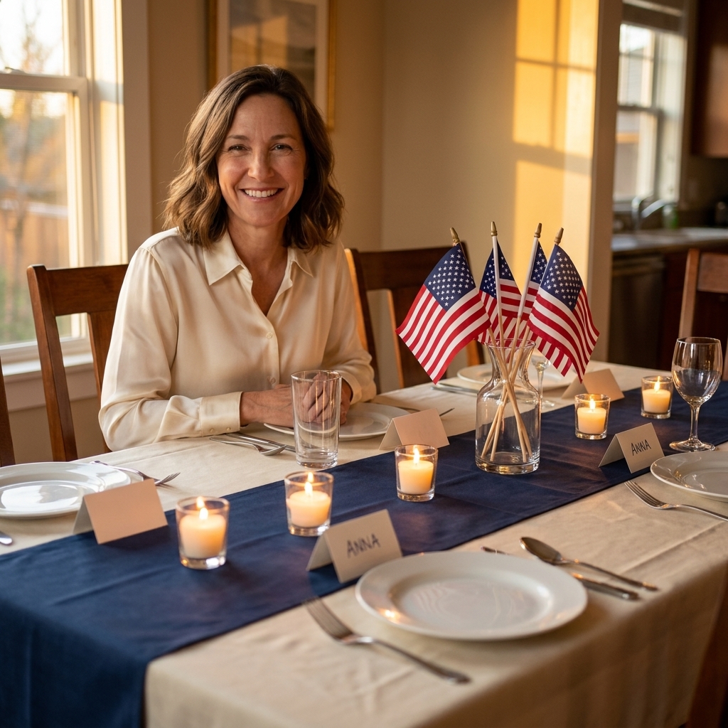 A dining table set for a citizenship celebration with navy and cream linens, small American flags in a glass vase, candles, and simple place cards in warm evening light