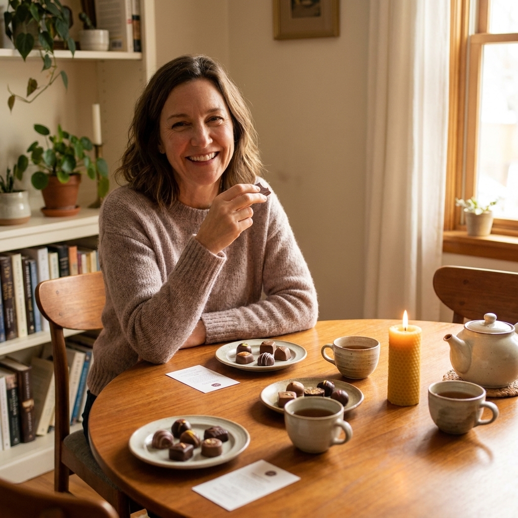 A dining table set for a small chocolate tasting with neatly arranged chocolates, tea cups, and a candle in a cozy home setting