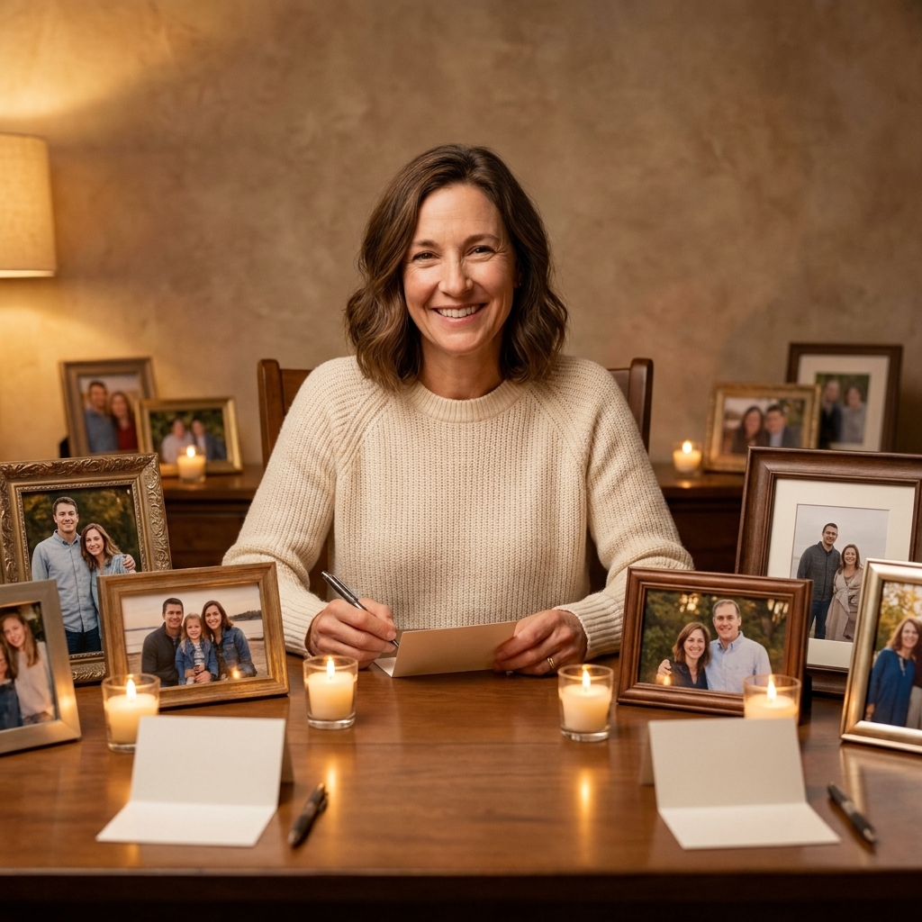 A dining table set with framed photos, candles, and small note cards with pens for guests to write memories