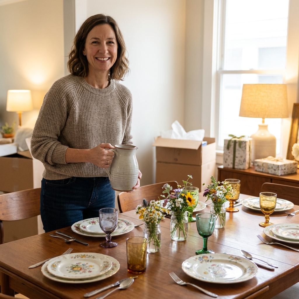 A dinner table set with mismatched vintage plates, mixed glassware, and simple flowers, ready for a small housewarming dinner