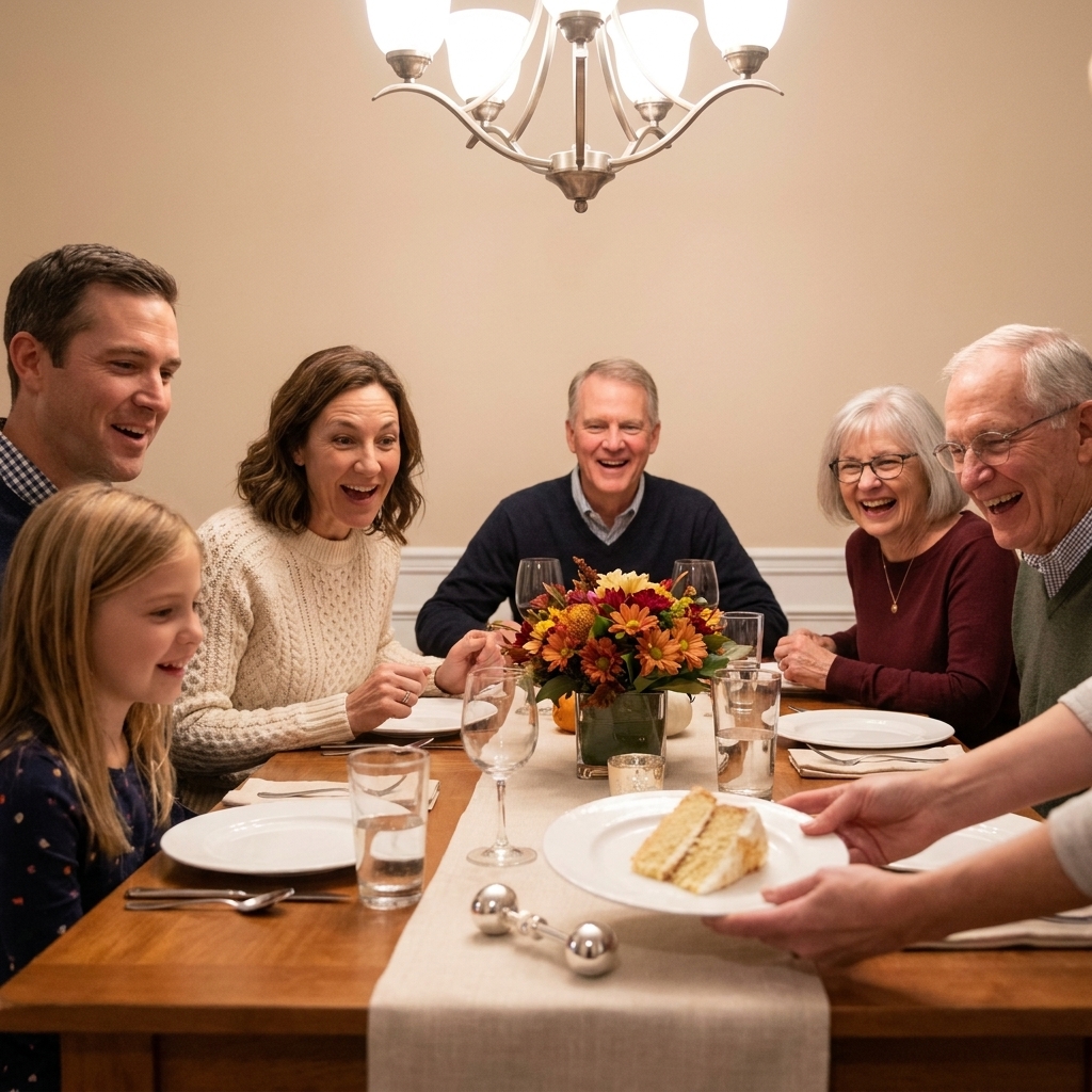 A family gathered at a dining table as someone sets down a dessert plate with a tiny baby rattle beside it