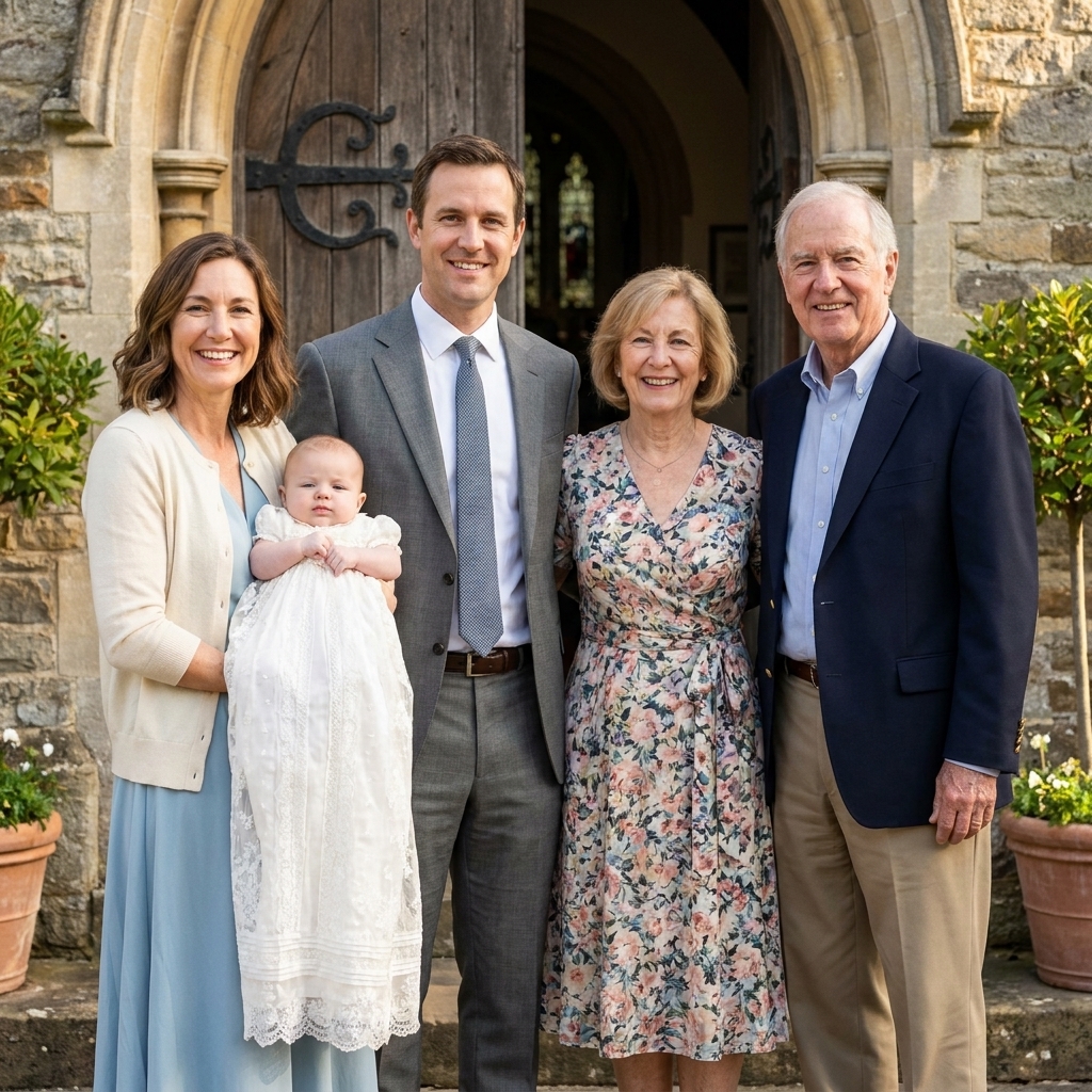 A family standing near the front of a church after a baptism, with the baby in a white outfit and relatives smiling for a group photo.