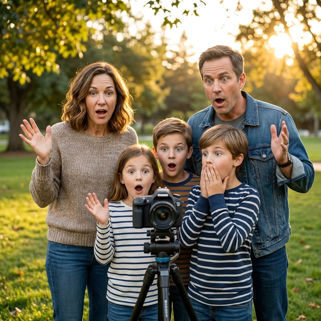 A family standing together outdoors while a camera on a tripod captures their surprised reactions