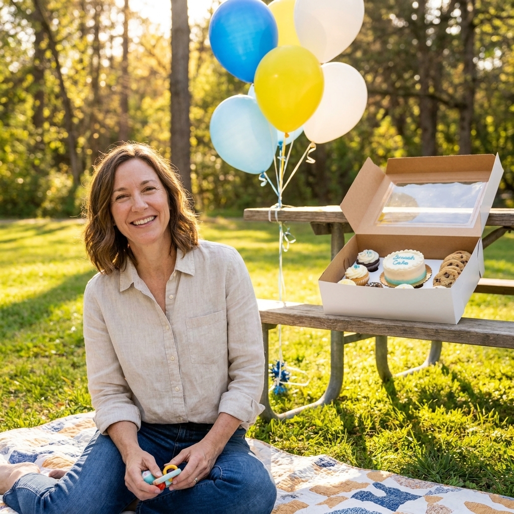 A first birthday picnic at a park with blankets, a simple balloon bouquet, and a dessert box on a picnic table