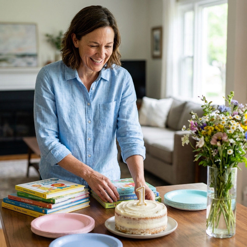 A first birthday table styled with stacked children's books, pastel plates, and a small cake beside a vase of flowers